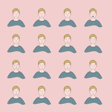 Young man with different facial expressions.Young boy smiling, happy, kind, unhappy face character.Set of man emotions.Facial expression.Lifestyle concept.Vector design illustrations.のイラスト素材