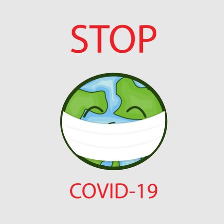 Cartoon character.The Earth wears a mask to prevent the spread of the virus. Planet Earth with face mask protect to fight against Corona virus.Flat vector illustrationのイラスト素材