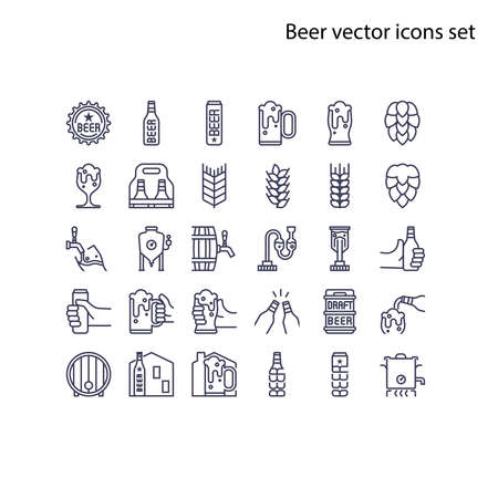 Basic element of Beer vector icons set.Contains a bottle, can, hop sign, barley and wheat, fermentation tank, boiler, draft beer keg, beer process, and more. 68x68 pixel perfect iconのイラスト素材