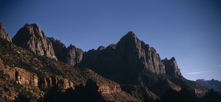 Vertical cliffs and rocky mountains in Zion National Park, Utahの写真素材