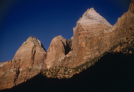 Sandstone cliffs and Rocky Mountains in Zion National Park, Utahの写真素材