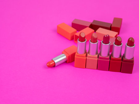 Colorful lipsticks on Makeup tableの写真素材