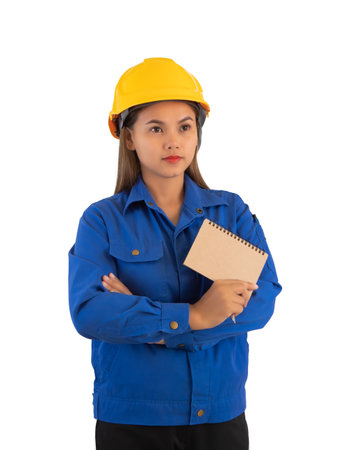 Female construction worker with hard hat and notepad isolated on white backgroundの写真素材