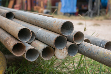 Steel pipes for the construction of water supply, close-up.