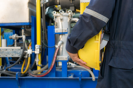 Engineer holding yellow helmet and equipment at oil refinery plant. Oil and gas industry.の写真素材
