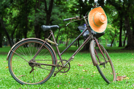 Old bicycle on sward with old hat and water bottle, with forest and tree background.の写真素材
