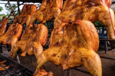 Many roasting chickens on grille at street food in Thailand.の写真素材