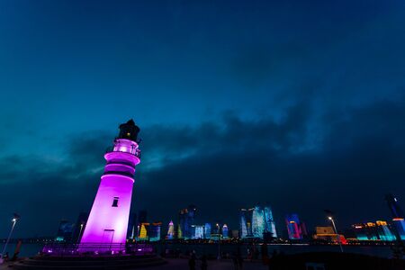 Qingdao lover dam lighthouse at nightのeditorial素材