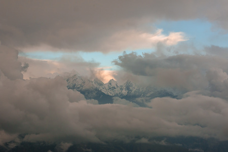 Beautiful landscape of Himalayan snow mountains from Khaliya Top in Munsyari, Uttarakhand, India