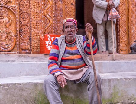 Kullu, Himachal Pradesh, India - August 04, 2018 : Old Man at Temple - Great Himalayan National Park, Sainj Valley, Himachal Pradesh, Indiaのeditorial素材