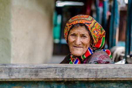 Kullu, Himachal Pradesh, India - September 01, 2018 : Portrait of beautiful senior woman, sainjのeditorial素材