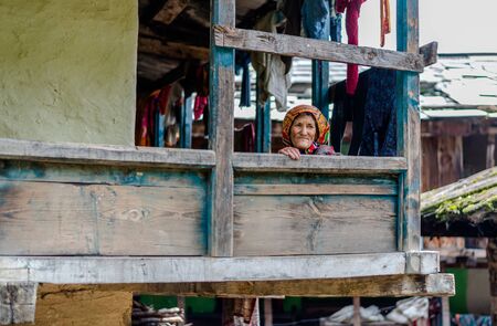 Kullu, Himachal Pradesh, India - September 01, 2018 : Photo of beautiful senior woman in himalaya, sainjのeditorial素材