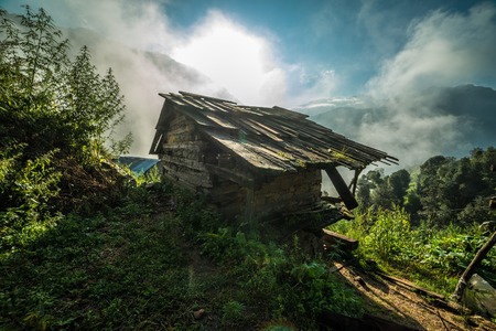Beautiful view of traditional wooden house in mountain, Indiaの写真素材