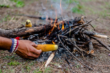Grilling Corn on Bonfire in Himalayas, India