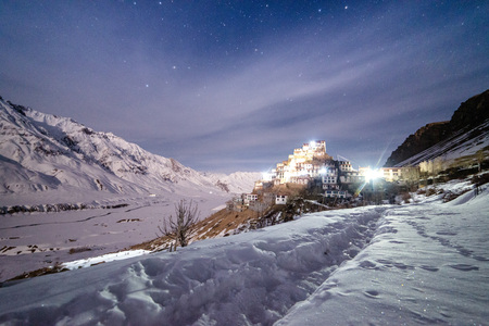 kee monastery with milkyway background on full moon night - India