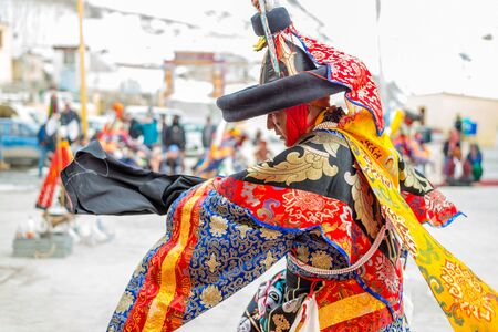Spiti, Himachal Pradesh, India - March 24, 2019 : Traditional Lama Mask Dance in himalayas