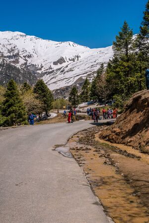 Manali, Himachal Pradesh, India - May 01, 2019 : Tourist enjoying in gulaba. Road to Rohtang pass in himalayas, indiaのeditorial素材