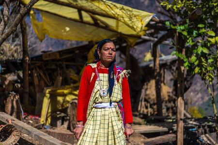 Kullu, Himachal Pradesh, India - February 23, 2019 : Portrait of beautiful Indian himalayan Traditional woman in himalayaのeditorial素材