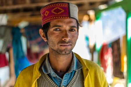 Kullu, Himachal Pradesh, India - April 01, 2019 : Portrait himachali boy on the street in Himalayan village, India -のeditorial素材