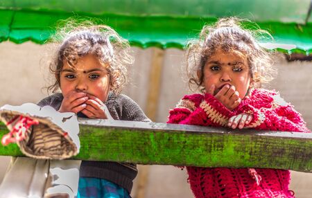 Kullu, Himachal Pradesh, India - April 01, 2019 : Photo of Kids in their house in Himalayan village -のeditorial素材