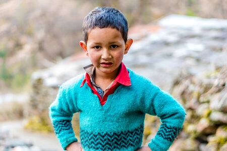 Kullu, Himachal Pradesh, India - August 04, 2018 : Photo of A Himalayan Boy in Himalayas - Indiaのeditorial素材