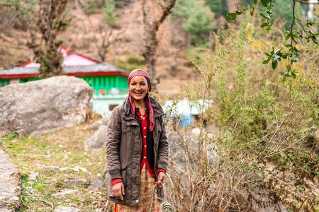 Kullu, Himachal Pradesh, India - February 23, 2019 : Portrait of beautiful Indian himalayan Traditional woman in himalayaのeditorial素材