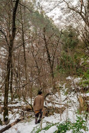Kullu, Himachal Pradesh, India - Feburuary 08, 2019 : Traveller in Mountains - Majestic winter landscape in himalayas -のeditorial素材