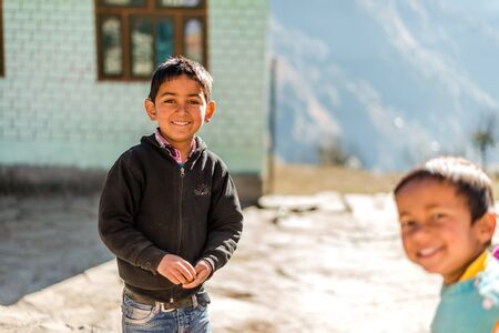 Kullu, Himachal Pradesh, India - December 08 2018 : Photo of himalayan kids in mountain, Himalayan peopleのeditorial素材
