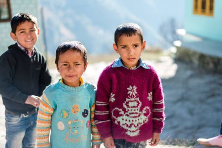 Kullu, Himachal Pradesh, India - December 08 2018 : Photo of himalayan kids in mountain, Himalayan peopleのeditorial素材