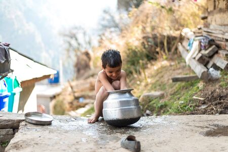 Kullu, Himachal Pradesh, India - December 21, 2018 : Photo of himalayan kids in mountain, Himalayan peopleのeditorial素材