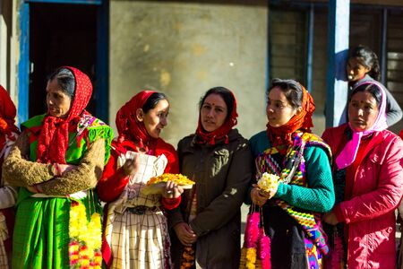 Kullu, Himachal Pradesh, India - December 21, 2018 : Himachali women in traditional dress pattu in Himalayasのeditorial素材
