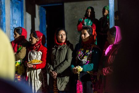 Kullu, Himachal Pradesh, India - December 21, 2018 : Himachali women in traditional dress pattu in Himalayasのeditorial素材