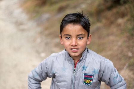 Kullu, Himachal Pradesh, India - December 21, 2018 : Portrait of himalayan kids in mountain, Himalayan peopleのeditorial素材