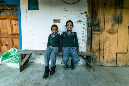 Kullu, Himachal Pradesh, India - November 26, 2018 : Portrait of himalayan kids in mountain,...