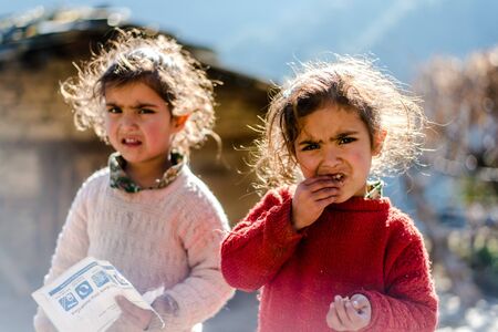 Kullu, Himachal Pradesh, India - January 17, 2019 : Portrait of Twins Girl in mountain, Himalayan peopleのeditorial素材