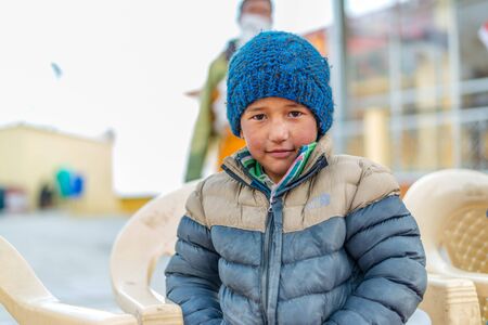 Spiti, Himachal Pradesh, India - March 24, 2019 : Photo of Tibetan kid in himalayasのeditorial素材