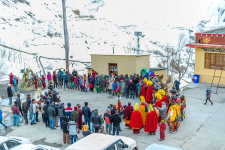 Spiti, Himachal Pradesh, India - March 24, 2019 : Tibetan buddhist lamas mask dance festival in himalyas -のeditorial素材