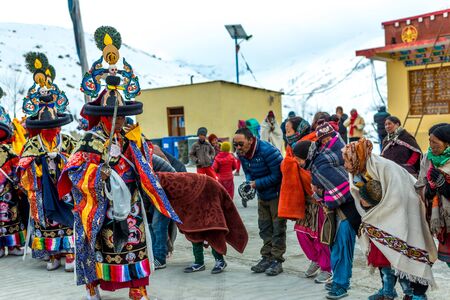 Spiti, Himachal Pradesh, India - March 24, 2019 : Tibetan buddhist lamas mask dance festival in...