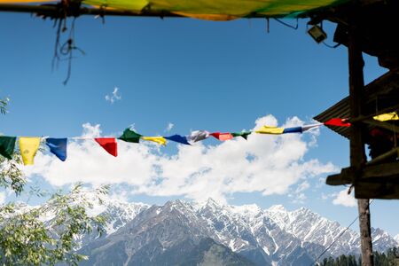 Budhist flags in the mountains near hamta -