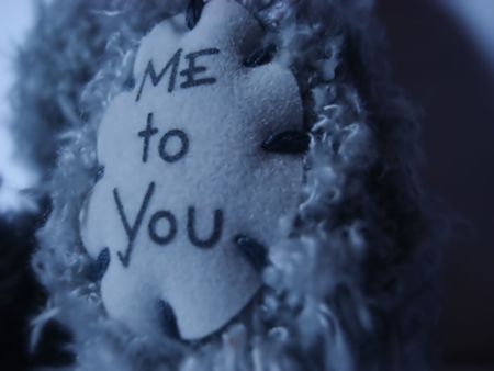 the leg of grey teddy-bear, "me to you" is written on itの写真素材