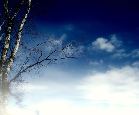 Landscape, blue sky with clouds birch tree and fogの写真素材
