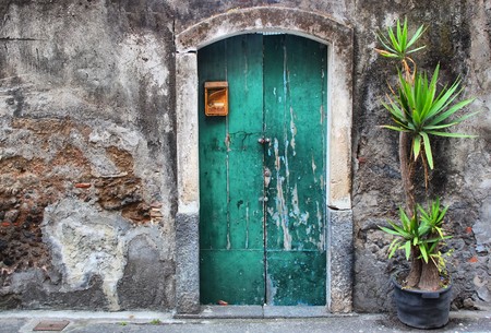 Photo of facade oh old house with green door and palmの写真素材