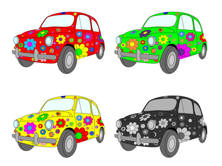  picture of four funny cars with floral ornamentのイラスト素材