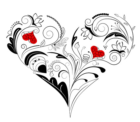 Vector picture of black heart with floral ornamentのイラスト素材