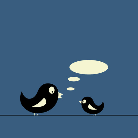 Two simple speaking birds on wire. Vector. RGBのイラスト素材
