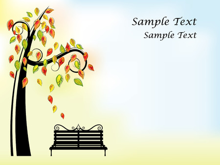 Vector picture of black bench and tree with orange, red, yellow and green leaves. RGBのイラスト素材