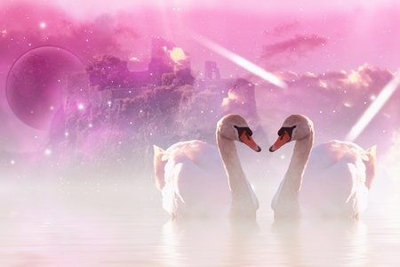 Romantic picture with pink swans and castle in backgroundの写真素材