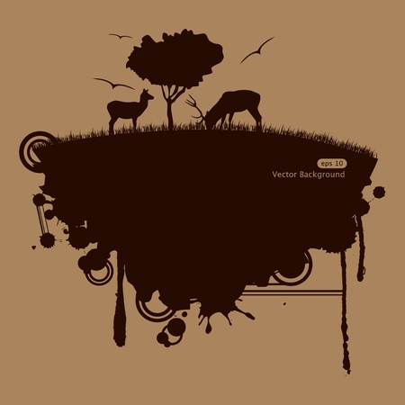 grunge picture with deers and birdsのイラスト素材