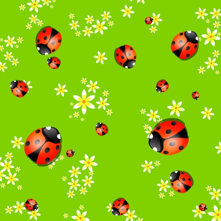 spring background with small flowers and ladybugsのイラスト素材
