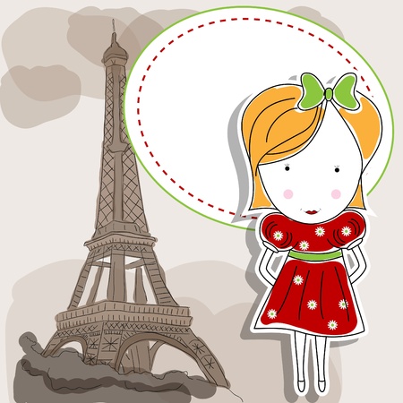 Vector picture with girl in red dress and Eiffel towerのイラスト素材